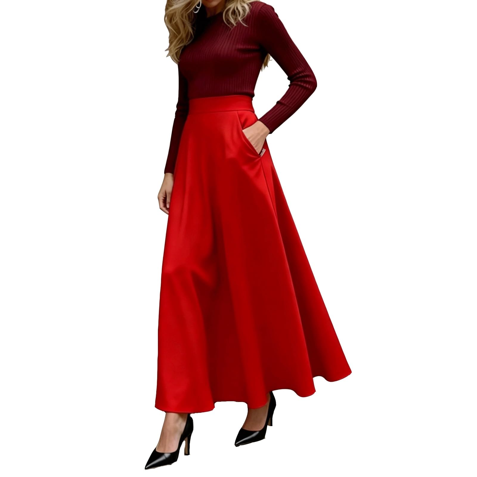 DUddTTW Fashion Women's Maxi Skirts Plus Size Midi Long Skirt Elegant Clothing(Rot,Lagre)