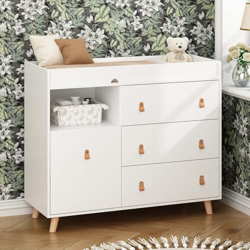 Timechee Baby Dresser Changing Table with Drawers,Shelf,Hidden Laundry Basket Storage,2 in 1 Nursery...