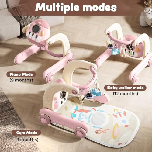 Image of Baybee 4-in-1 Activity Baby Walker for Kids with Convertible Play Gym, Musical Piano & Push Walker | Interactive Hanging Toys, Lights, Anti-Slip Wheels for Babies 0 to 3 Years (Pink)