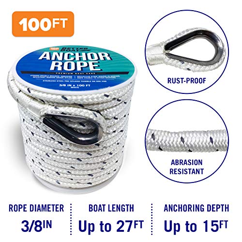 Image of Better Boat Premium Anchor Rope, 100 Ft Double Braided White Nylon Marine | Line, Reflective 3 /8 Inch Reel for Anchors and Boats, White