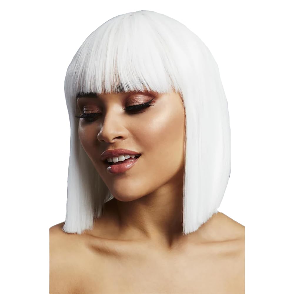 Smiffys Fever Lola Wig, White Blunt Cut Bob with Fringe, 30cm/ 12in, Fever Wigs Fancy Dress, Fever Dress Up Wigs