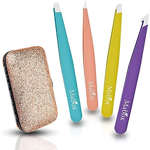 AHYBZN 4pcs Stainless Steel Tweezers Set, Slant, Point, Straight, Slant Professional Eyebrow Precision Tweezers for Ingrown Hair, Best Precision for Eyebrow, Splinter, Ingrown Hair Removal, 4-Pcs Cover