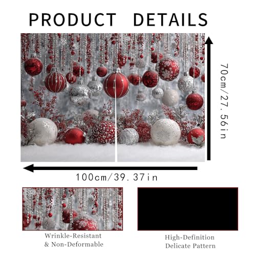 Image of Self Adhesive Red & Silver Bauble Cabinet Curtain for Mother's Day, 39x28 Inch Sparkling Ornaments Under Sink Skirt No Drill, Spring Cleaning Kitchen Decor, Hook and Loop Valance