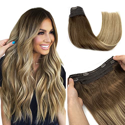Halo Hair Extensions, hotbanana Halo Hair Extensions Real Human Hair Extensions Straight Walnut Brown to Ash Brown and Bleach Blonde Remy Hair Extensions Secret Hair Extensions 16 inch 80g