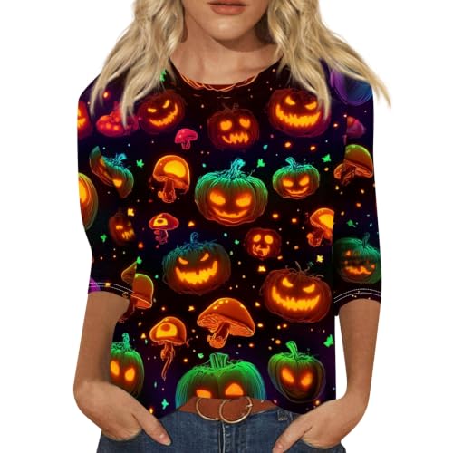Image of Women Spooky Halloween Graphic Shirt 3 /4 Length Sleeve Crewneck Top | Halloween Funny Printed Pumpkin Plus Size Tshirts 2026 Fall Outfits Skeleton Tee Going Out Tops