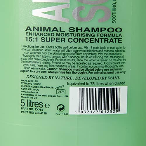 Wahl Aloe Soothe Shampoo, Dog Shampoo, Shampoo for Pets, Natural Pet Friendly Formula, For Dogs with Sensitive Skin, Concentrate 15:1, Gentle Shampoos, 5 Litre