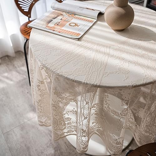 auons Round Crochet Lace Tablecloth 60 Inch Beige, Vintage Floral Embroidered Table Cloth, Chic Overlay Lace Table Cover for Wedding Banquet Party Holiday Dinner Table Decor by auons - Used condition - Image 6