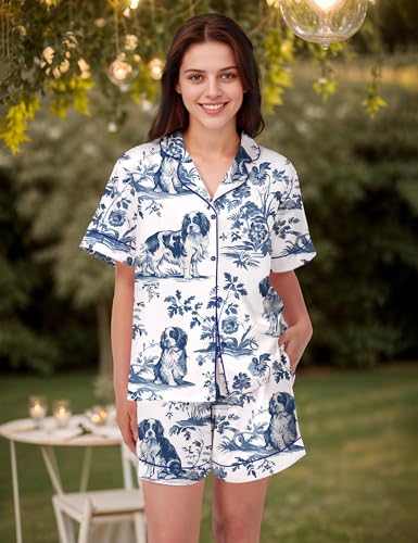 Image of SHESHOW Satin Pajamas for Women Set Preppy Animals Pjs Short Sleeve Shorts 2 Piece Loungewear Sets XS-XXL
