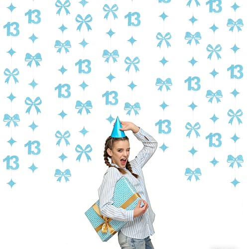 Image of Glitter Blue 13th Bow Birthday Decorations Teal Blue Conquette Bow Garland Streamer Banner Backdrop for Girls Happy 13th Birthday Official Teenager Cheers to 13 Years Old Anniversary Party Supplies