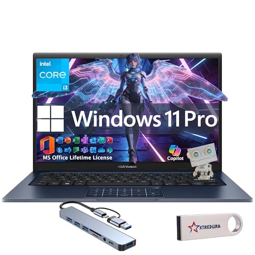 ASUS Vivobook 14' FHD Laptop, Windows 11 Pro, Lifetime MS Office, Intel Core i3-1315U, 16GB RAM+512GB PCIe SSD, Sleek & Lightweight, 8-in-1 HUB & USB Flash Drive, for Student, Home & Work