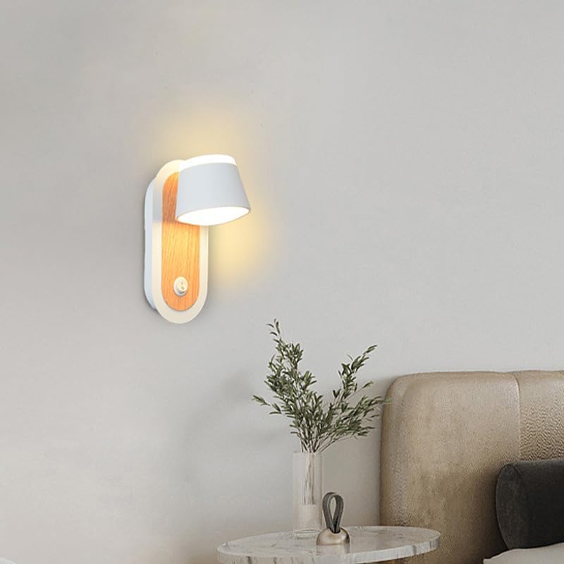 LED Wall Sconces Surfaced Mount Hotel Bedroom Bedside Reading Light Fixture Adjustable Directional On/Off Switch White+ Wood Grain