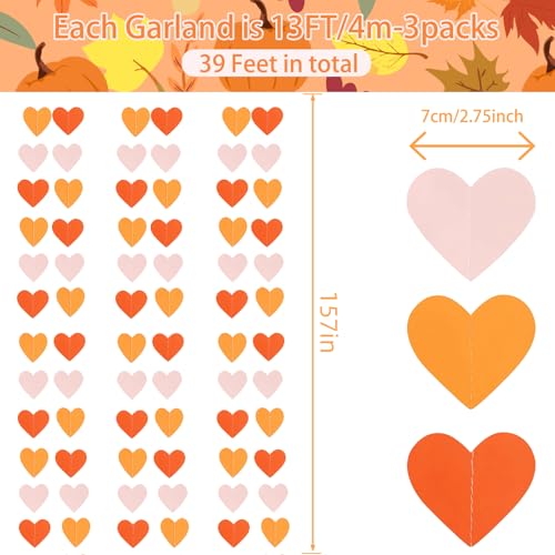 Image of Yellow-Pink Orange Party Decorations Heart Garland Streamers, 39Ft Fall Autumn Thanksgiving Harvest Hanging Paper Banner, Engagement Birthday Baby Bridal Shower Wedding Bachelorette Groovy Decor