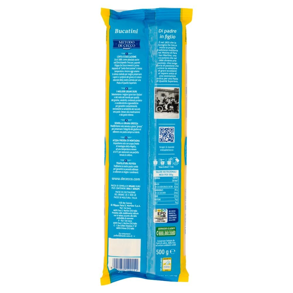 De Cecco Bucatini n°15, pasta 24 x 500 g, secado lento, sémola de trigo duro de calidad superior, cocción 11 min (al diente 9), ideal all'Amatriciana & cacio e pepe + italian Gourmet polpa 400 g