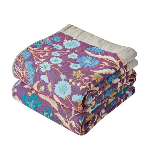 Image of VANJOROY King Boho Throw Blanket, 100% Organic Cotton Breathable Skin-Friendly Ultra Soft 91 inch x 98 inch Bed Quilt Blue Throw - Floral Rustic Luxury Reversible Blanket for Sofa Couch Chair and Gift