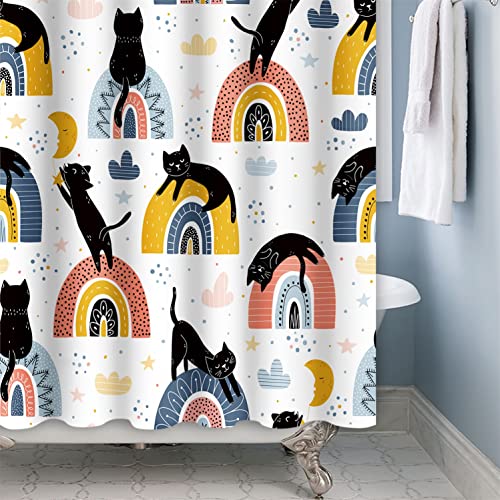 SDOTPMT 180x198cm Cute Animal Shower Curtain Abstract Cartoon Black Cat Colorful Rainbow Bath Curtain Funny Pets Theme Bathtub Curtain for Child Bathroom Decor Waterproof Polyester with Hooks - Image 2