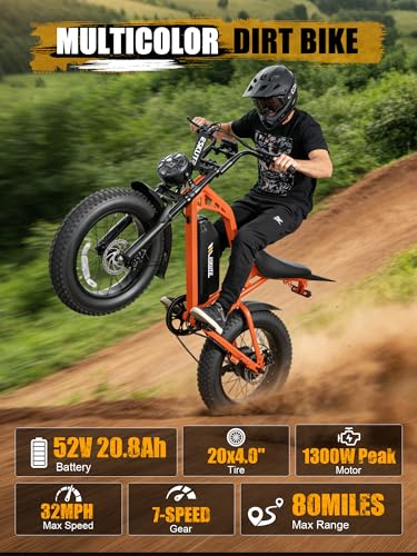 Image of Electric Dirt Bike Adults, 1300W Peak 52V20.8Ah ebike, 32MPH 20 inch x4.0 Fat Tire, Streamlined E-Motorcycle with 7 Speeds for Youths, V200，Orange with Rear Rack + Footrests