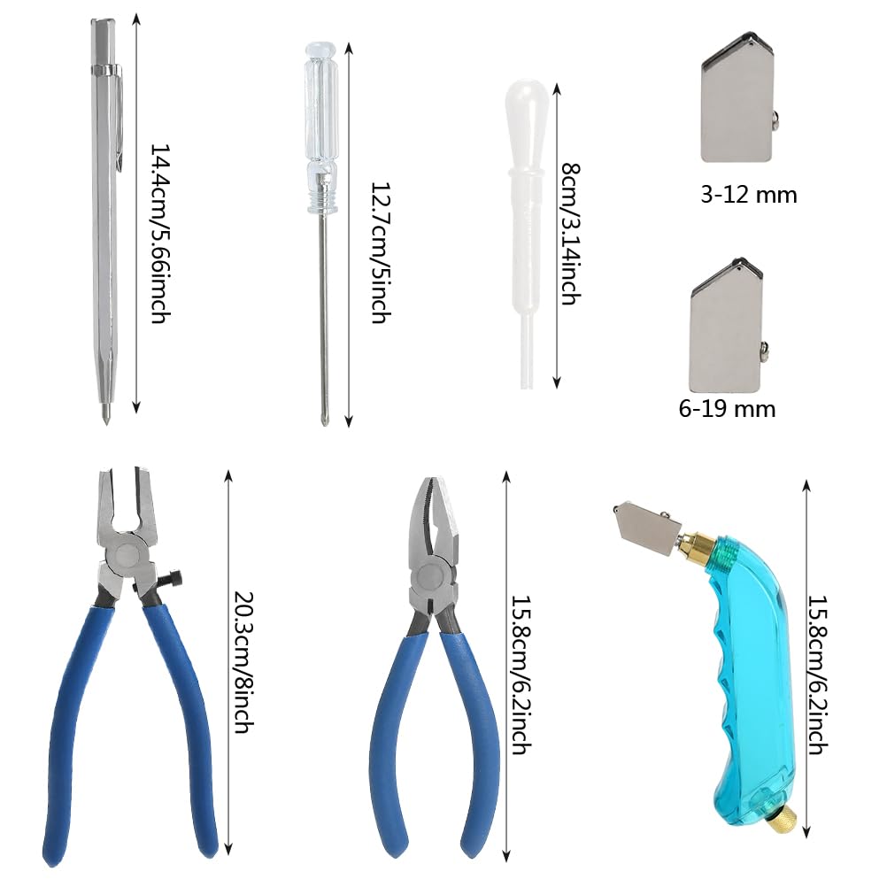 Set di 11 tagliavetro professionale professionale per vetro spesso, pinza per fughe con taglierina manuale, taglierina per bottiglie con testa di taglio, 2 misure