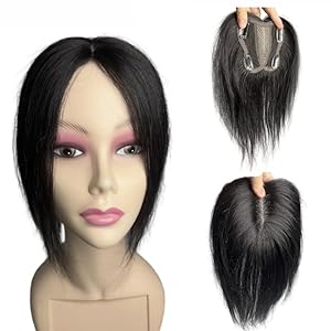 Anemone Middle Part Side Bangs Hair Toppers Natural Hair Butterfly Swiss Lace Mesh Human Hair Toppers For Women Hair Volume 28cm 4 Clips Hairpiece Extensions Wiglets (Lace 3.5×3.5 inch, Black)