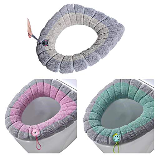 3Pieces Toilet Seat Cover Pads with Handle Toilet Lid Cover Cushion Soft Thicker Stretchable Washable Fits All Oval Toilet Seats (Pink, Green, Grey)