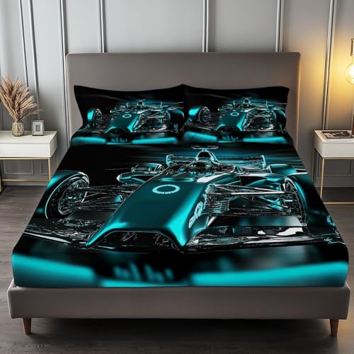 Fitted Sheet Twin Size Bedding Set for Kids Girls Women Men Room Decor, Soft Microfiber & Deep Pocket & Wrinkle Free Luxury Racing Car Bedding Sheets, Turquoise