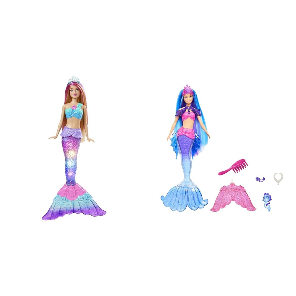 Barbie Dreamtopia Malibú Sirena Luces Mágicas de Colores Muñeca Rubia, Juguete para el Agua (Mattel HDJ36) & Mermaid Power Malibu Muñeca Sirena con Pelo Azul, Cola fantasía