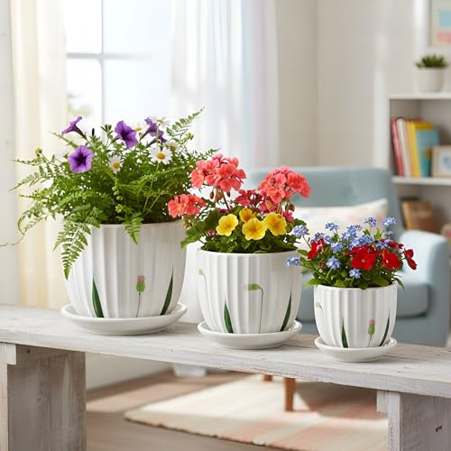 Image of XSTORE Xtore Elegant Ribbed Ceramic Planter Set of 3 with Drainage Tray - Modern Indoor Plant Pots for Home Decor, Succulents, Herbs & Desk Plants - (Pack of 3, Planters Only)