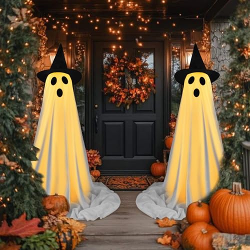 Halloween Decorations Outdoor Indoor, 2 Pack Spooky Ghost with Witch Hat, Scary Ghost...