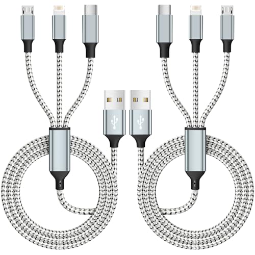 Multi Charging Cable(2Pack 4FT), Multiple Charger Cord Nylon Braided Charger Cord for Multiple Devices, 3 in 1 Charging Cable with Type-C/Micro USB and IP Port, Compatible with Most Phones and More