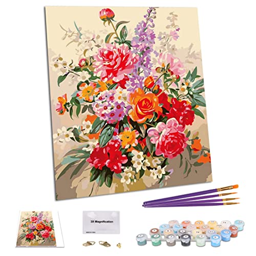 TAHEAT Bricolage Peinture à l'huile par numéros Fleurs, Toile Peinture à l'huile Panier de Fleurs coloré pour Adultes Peinture par numéros avec pinceaux sans Cadre 16 x 20 Pouces Cover