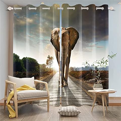 Baocicco Animal Blackout Curtains Room Darkening Window Panel African Elephant on The Highway Thermal Insulated Noise Reducing Grommet Drapes for Bedroom Living Room Farmhouse, 2 Panels, 63" x 42" Cover