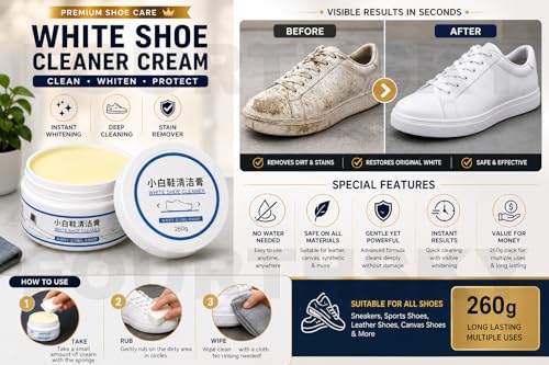 Image of White Shoe Cleaner Cream 260GM | Sneaker Cleaning & Whitening Cream | Instant Stain Remover for Sports Shoes, Canvas & Leather | Deep Clean & Bright White Finish