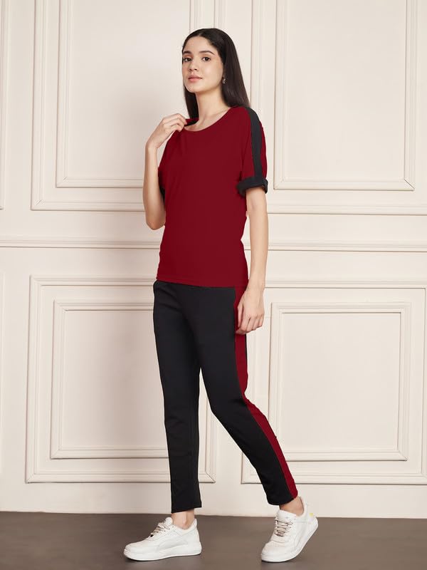 Image of DTR FASHION Polyester Blend Black Color Shoulder Stripes Tracksuit | Night Wear Suit For Women