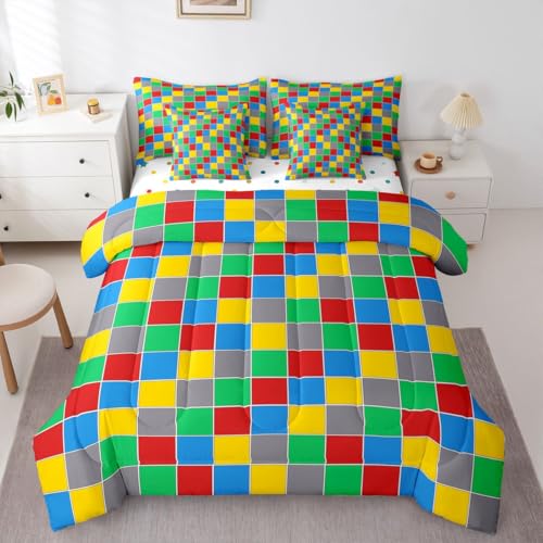 Image of Erosebridal Geometric Checkered Full Bedding Set 7 Piece Colorful Checkerboard Bed in A Bag with Sheets Rainbow Plaid Comforter Set for Kids Adults,Red Blue Green Yellow Grids Bed Sets