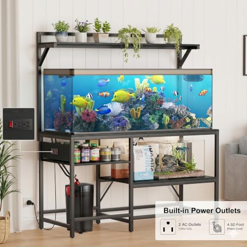 Image of 55 Gallon Fish Tank Stand, Aquarium Stand with Power Outlet, Heavy-Duty Reptile Terrarium Stand Table with Top Shelf for 55 Gallon Standard Long-Type Model, 52 inch L x 21.6 inch W x 30 inch H(Black)