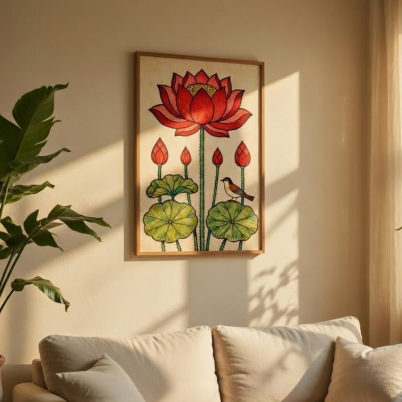 Image of Livin'luxe Traditional Lotus Flower Wall Painting with Wooden Frame | Botanical Lotus Artwork HD UV Laminated MDF Wall Decor | Indian Lotus Art Wall Decor for Living Room Bedroom Home