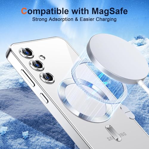 Image of VONZEE Clear Logo Electroplating Transparent Case for Samsung S25 FE 5G, Magnetic Plating [Support for MagSafe Charger] Electroplate TPU Cover, Individual Camera Protection for Each Lens - Grey