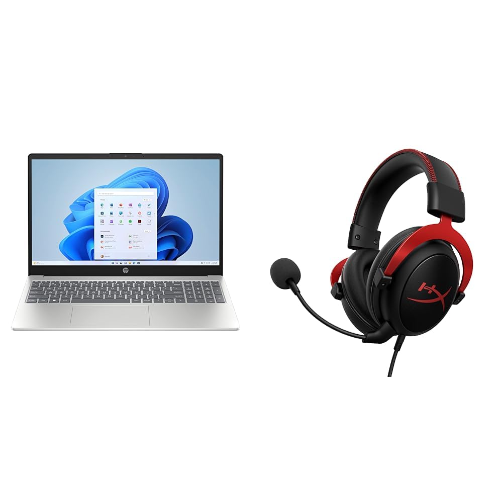 HP 15.6 inch Laptop PC, Intel N100 Processor, 4 GB DDR4,128GB Storage, Intel UHD Graphics, FHD (1920 x 1080) Display, Windows 11 Home, Copilot Key, Natural Silver (15-fd0016ca) + HyperX Cloud II (Red)