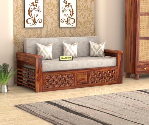 Image of Solid Wood Sofa Cum Bed for Living Room | Wooden Pull-Out Sofa Bed with Carved Front Design | Modern 3 Seater Convertible Diwan Bed for Home & Guest Room (Honey Finish)