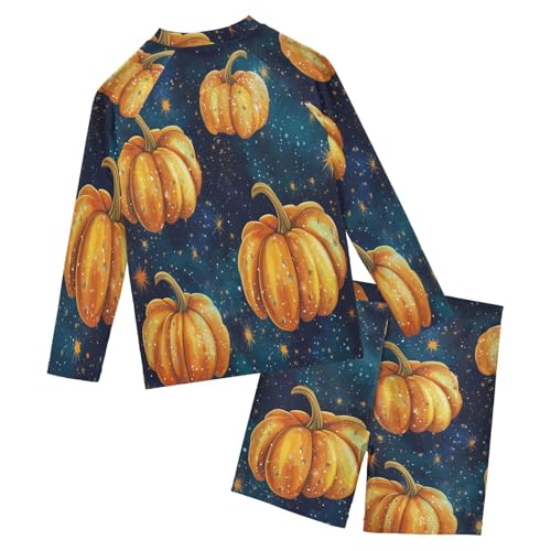 Pumpkin Galaxy Nebula Boys Swimsuit Rash Guard Toddler Kids Long Sleeve Swim Shirt and Trunks Swimwear Set 3-10Y2