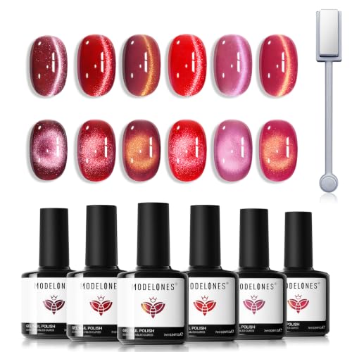 modelones Cat Eye Gel Nail Polish Set Glitter 6Colors Burgundy Red Sparkle