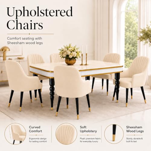 Image of 6-Seater Dining Table Set with Nano Composite Marble Top | Golden PVC Wooden Base | Includes 6 Fabric Upholstered Chairs | 2 Year Warranty | Dining Room Furniture Set for Home (Cream)