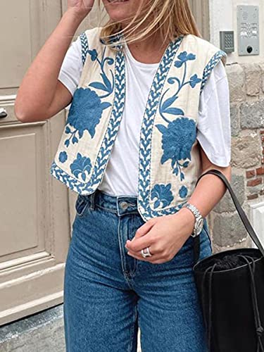 Qianderer Damen Vintage Stickerei Floral Weste Y2k Leinen Offene Vorderseite Ärmellos Cardigan Mode Blumenweste, L