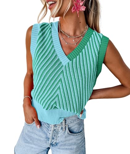 Image of MARZXIN Women Sleeveless Sweater Vest V Neck Knitted Colorful Pullover Tops
