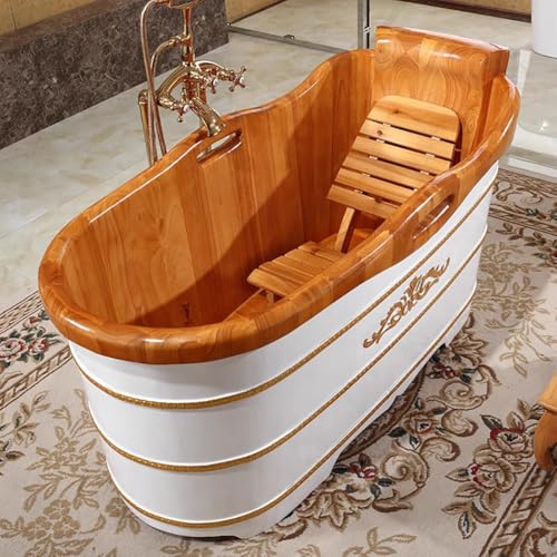 TT-YEC Europäische Luxus -Eiche -Badewanne, Massive Holzbadewanne Im Innenhoch, Eine Tiefe Ovale Holzbadewanne Mit Bank, Abflussventil, Verdickte Tiefe, Eingewichtige Holzbadewanne Kit,L160cm – Bild 4