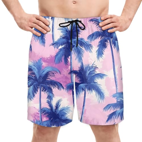 Men's Swim Trunks Size S Palm Tree Mural with Mesh Lining Soft Breathable Quick Dry Beach Shorts Dreamy Blue
