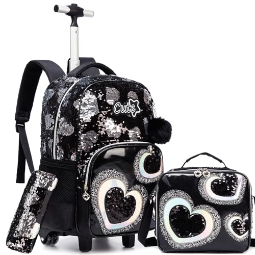 Girls Rolling Backpack Kids Trolley School Bag with Wheels Rolling Backpack for Kids 8-12 Roller Backpacks for Girls Cute Schoolbag with Lunch Bag Set for Elementary