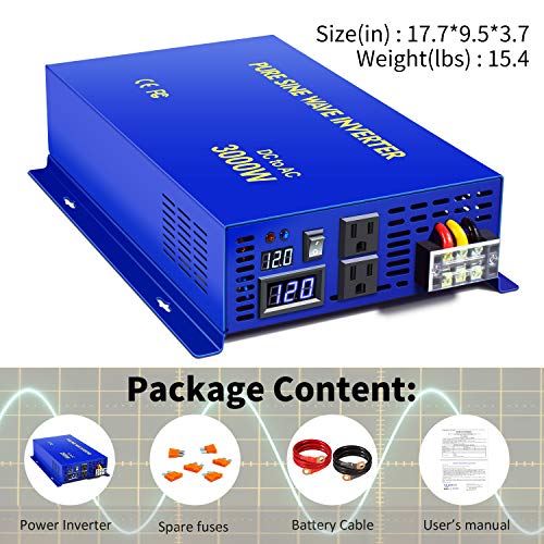 XYZ INVT 3000W Pure Sine Wave Inverter - 12V DC to 120V AC Surge 6000 Watt Power Converter Generator with Wireless 100ft Remote Control for Solar System, Home Grid Off, Camping, RV. (3000W 12V 120V)
