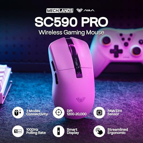 Image of MechLands Aula SC590 PRO Gaming Mouse with Display Screen, 2.4G /USB-C /BT Wireless Mouse with 500mAh Battery, Adjustable 20,000 DPI & 1000 Polling Rate, PAW3311 Sensor, for Win /Mac /Gaming (White)