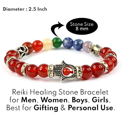 Image of Reiki Crystal Products Certified Natural Crystal Stone 7 Chakra with Hamsa 8 mm Round Beads Bracelet for Men & Women | Reiki Charged Gemstone Bracelet | Multiple Stone Variants Available