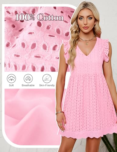 heekpek Vestidos Verano Mujer Sin Mangas con Volantes Cuello V Algodón Mini Vestido Mujer Sueltos Hueco de Flores Jacquard Casual Vestidos de Playa con Bolsillos, Rosa Claro, S - imagen 5